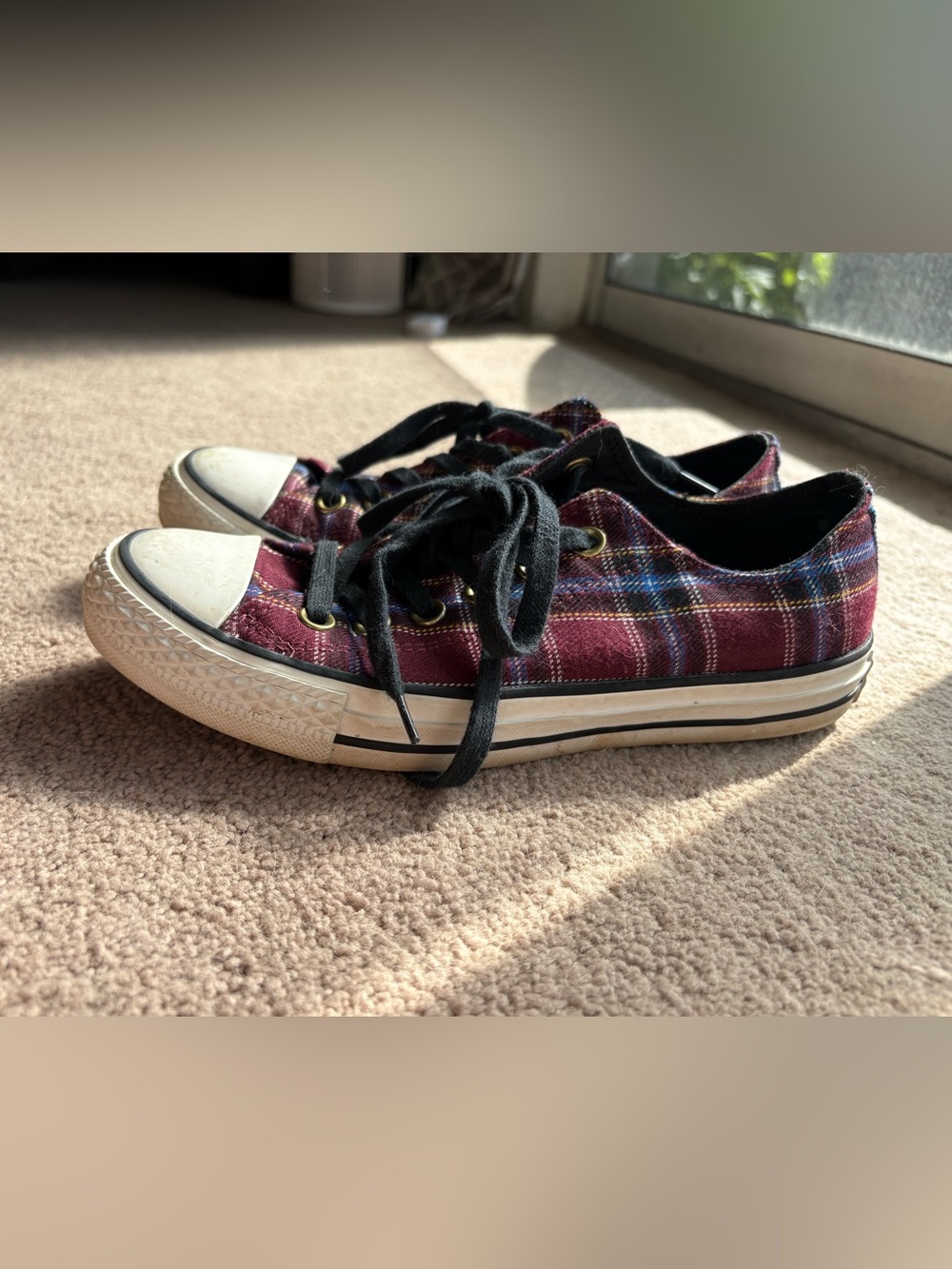 Plaid Low-Top ConverseSneakers - Burgundy and Black - Picture 2 of 7